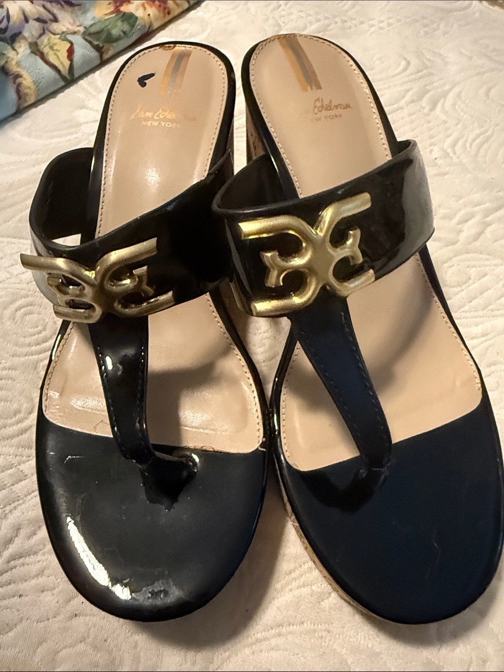 Sam Edelman Black Patent Thong Sandals with Gold Logo Accent